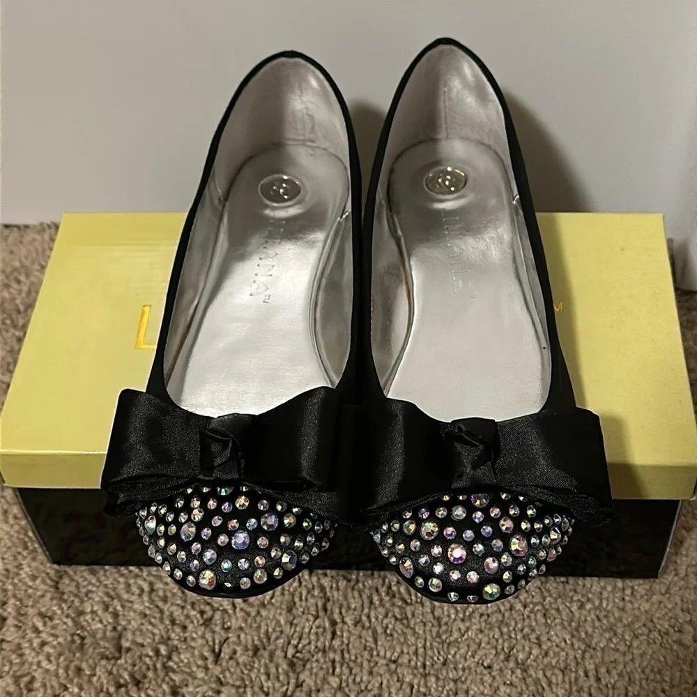Liliana Black Satin Bow Rhinestones Ballerina Flats Size 7.5 New in Box